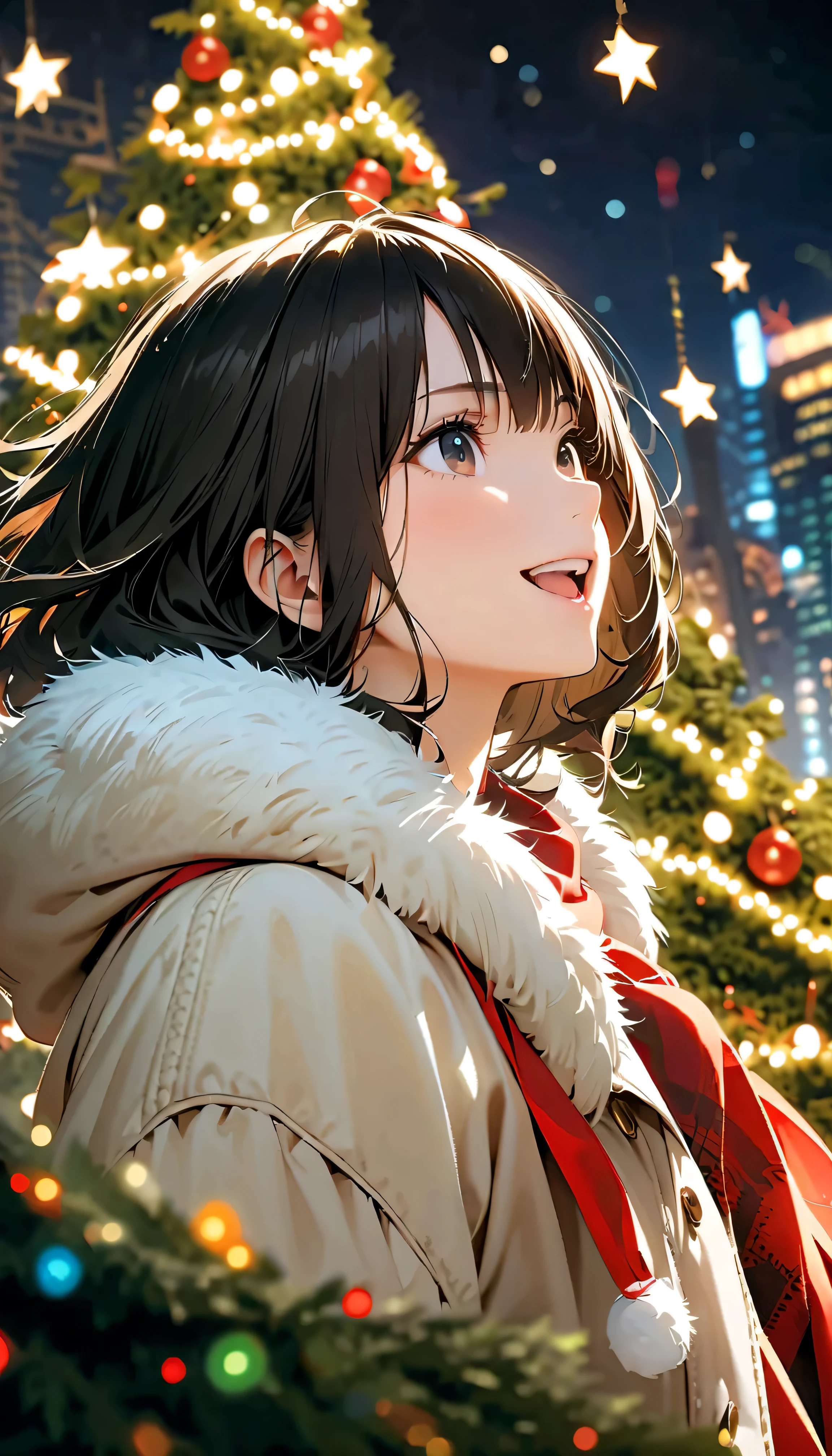 ( top quality :1.2, very detailed, Latest, vibrant, Masterpiece :1.2, top quality , best aesthetics) , Face Up Shot, ((( very detailed目と顔))), Official Art , 8k Ultra HD, very detailed, pop art , Delicate and dynamic, Blurred Background, Beautiful sparkle, Shining World, night view, christmas tree, Christmas Illuminations, Illumination Fantasy, backlight, one woman, 2.5D, smile, black eyes, black hair, Fluffy Winter Clothes , Get excited, Dynamic Poses, Dynamic Angle , Realistic