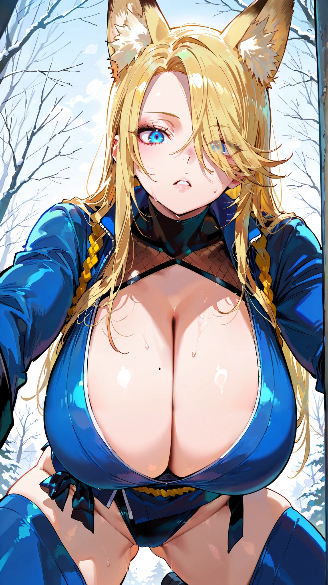 score_9, score_8_up, score_7_up,(hi-quality,high resolution),Cold Stare,(Fox Ears),(forehead,long hair over one eye),((side parted hair)),((huge breasts)),Sagging eyes,Clear Eyes,Perfect Eyes,Blonde,Long Hair,Delinquent Girl,gal,((huge breasts)),(ninja),(cowboy shot),(all fours),(Crotch in pov),from below