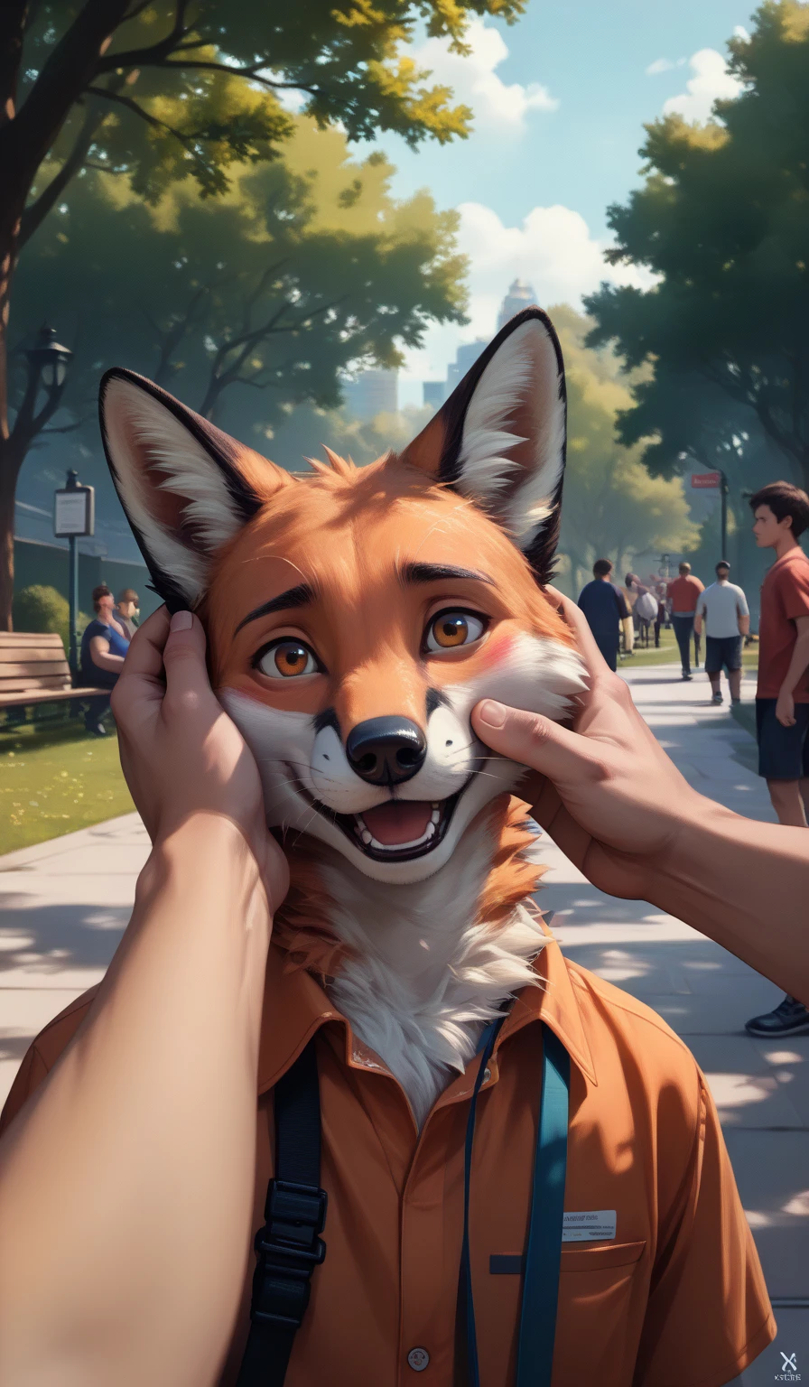 , , viewer and character, human and anthro, male,, fluffy, (orange  white and black colors fox), multi colored body, ((embarassing)), , ((head pat)), pov hand, , head tuft, ((blush)), (head_up:1.6), public, park, standing, looking at viewer
