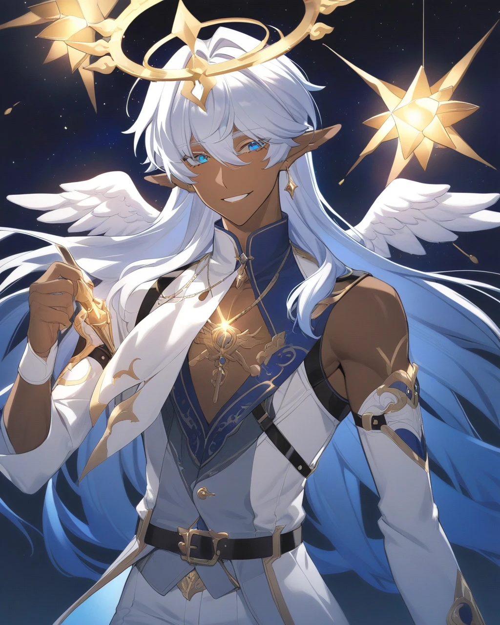 a handsome man with dark brown skin and short neck length straight slightly wavy fluffy white hair with blue hair tips with parted down to the middle bangs and sharp celestial blue eyes wears a long sleeved white shirt and a navy blue vest with gold markings and white pants with a black belt has a gentle smile and white wings, ear wings, head wings, golden glowing crown like halo in a manhwa