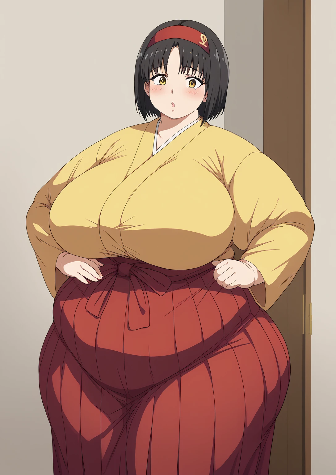 Erika, Erica,    yellow eyes  ,  Black Hair,  red headband,   Shorthair,  yellow kimono, Boobs are not exposed,   Long Sleeve  ,  red hakama, score_9,   score_8_ up,   score_7_ up,   score_6_ up,   score_5_ up,   score_4_ up,     masterpiece   ,   top quality,     very aesthetic  ,    absurd,    Source_Anime, Anime screencap,    one woman , Alone,   personal   ,  Super huge breasts, (((S uper huge クレビス, Super huge , Super huge boob))), Curvy,   in her 20s,  Mature Woman,   obese , ,  troubled expression, ssbbw,  embarrassing expression , Japanese-style room, I'm eating three-color dango