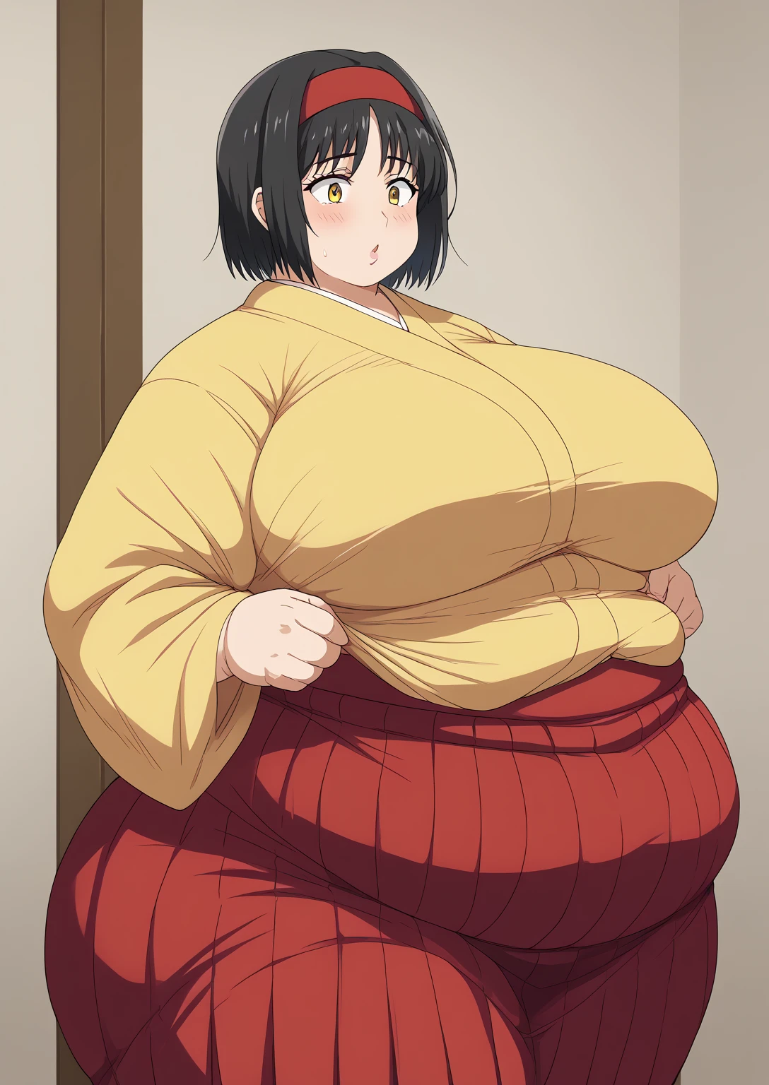 Erika, Erica,    yellow eyes  ,  Black Hair,  red headband,   Shorthair,  yellow kimono, Boobs are not exposed,   Long Sleeve  ,  red hakama, score_9,   score_8_ up,   score_7_ up,   score_6_ up,   score_5_ up,   score_4_ up,     masterpiece   ,   top quality,     very aesthetic  ,    absurd,    Source_Anime, Anime screencap,    one woman , Alone,   personal   ,  Super huge breasts, (((S uper huge クレビス, Super huge , Super huge boob))), Curvy,   in her 20s,  Mature Woman,   obese , ,  troubled expression, ssbbw,  embarrassing expression , Japanese-style room, I'm eating three-color dango