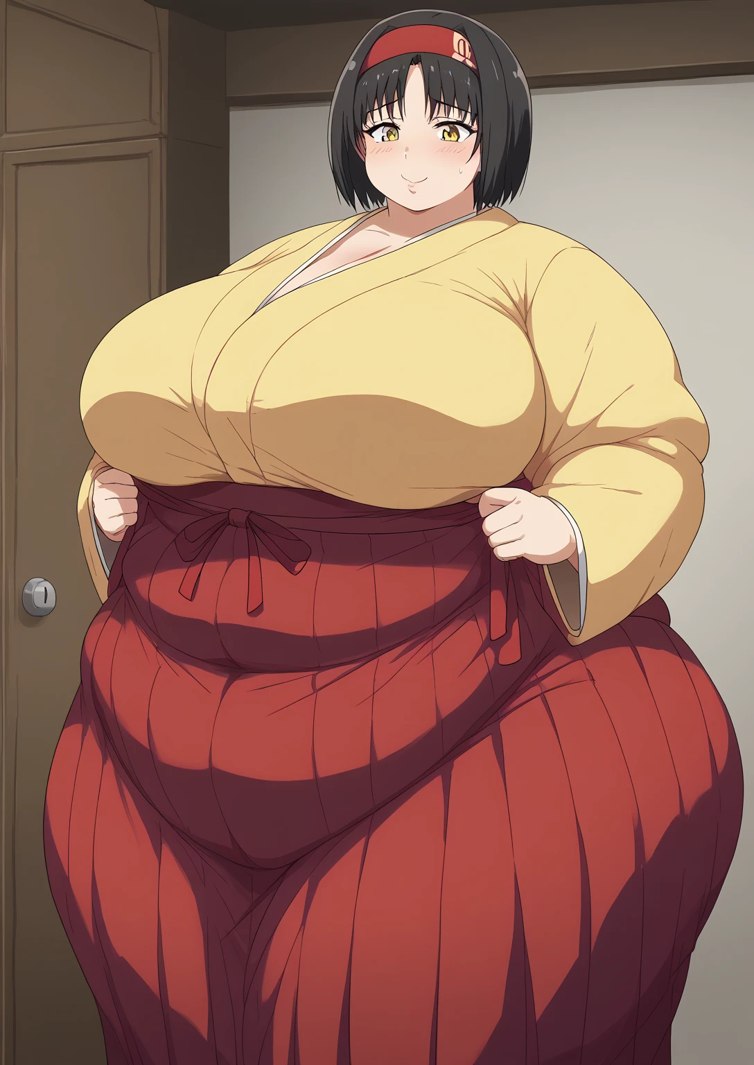 Erika, Erica,    yellow eyes  ,  Black Hair,  red headband,   Shorthair,  yellow kimono, Boobs are not exposed,   Long Sleeve  ,  red hakama, score_9,   score_8_ up,   score_7_ up,   score_6_ up,   score_5_ up,   score_4_ up,     masterpiece   ,   top quality,     very aesthetic  ,    absurd,    Source_Anime, Anime screencap,    one woman , Alone,   personal   ,  Super huge breasts, (((S uper huge クレビス, Super huge , Super huge boob))), Curvy,   in her 20s,  Mature Woman,   obese , ,  troubled expression, ssbbw,  embarrassing expression , Japanese-style room, I'm eating three-color dango