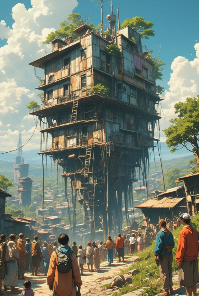  people gather around a wooden building with a ladder,temporary housing , The Witch's Cabin ,  strange works of art ,  Wide Shot ,  Wide Shot , houses  riding stilts , Strange building, Terrifying architecture ,  riding stilts , Crazy,  floating citadel ,  neo-brutalism architecture ,  houses of melted metal , dmt Death of Ego  ,    Exquisite Futuristic Art   , DMT Art,   DMT Egodes   ,   Dan Mumford and Alex Grey Style,    Psychedelic Transart   ,    Ultra Detailed Fantastic Art   , epic shamanic DMT Art,      Shamanism DMT Horror Art     ,    Visionary Art Style   ,    High Resolution Fantastic Art 