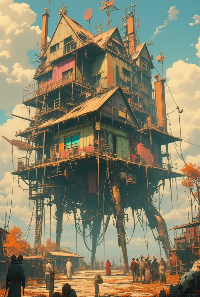  people gather around a wooden building with a ladder,temporary housing , The Witch's Cabin ,  strange works of art ,  Wide Shot ,  Wide Shot , houses  riding stilts , Strange building, Terrifying architecture ,  riding stilts , Crazy,  floating citadel ,  neo-brutalism architecture ,  houses of melted metal , dmt Death of Ego  ,    Exquisite Futuristic Art   , DMT Art,   DMT Egodes   ,   Dan Mumford and Alex Grey Style,    Psychedelic Transart   ,    Ultra Detailed Fantastic Art   , epic shamanic DMT Art,      Shamanism DMT Horror Art     ,    Visionary Art Style   ,    High Resolution Fantastic Art 