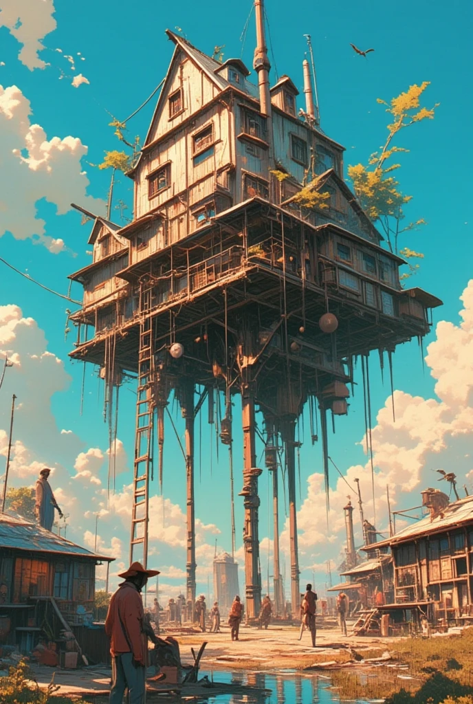  people gather around a wooden building with a ladder,temporary housing , The Witch's Cabin ,  strange works of art ,  Wide Shot ,  Wide Shot , houses  riding stilts , Strange building, Terrifying architecture ,  riding stilts , Crazy,  floating citadel ,  neo-brutalism architecture ,  houses of melted metal , dmt Death of Ego  ,    Exquisite Futuristic Art   , DMT Art,   DMT Egodes   ,   Dan Mumford and Alex Grey Style,    Psychedelic Transart   ,    Ultra Detailed Fantastic Art   , epic shamanic DMT Art,      Shamanism DMT Horror Art     ,    Visionary Art Style   ,    High Resolution Fantastic Art 