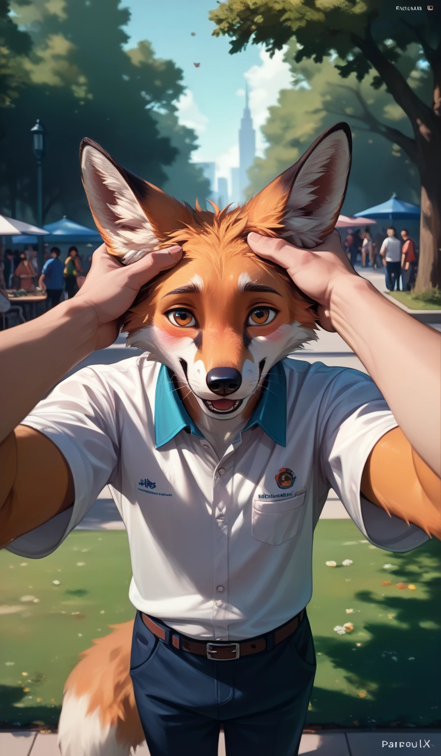 , , viewer and character, human and anthro, male,, fluffy, (orange  white and black colors fox), multi colored body, ((embarassing)), , ((head pat)), pov hand, , head tuft, ((blush)), (head_up:1.6), public, park, standing, looking at viewer
