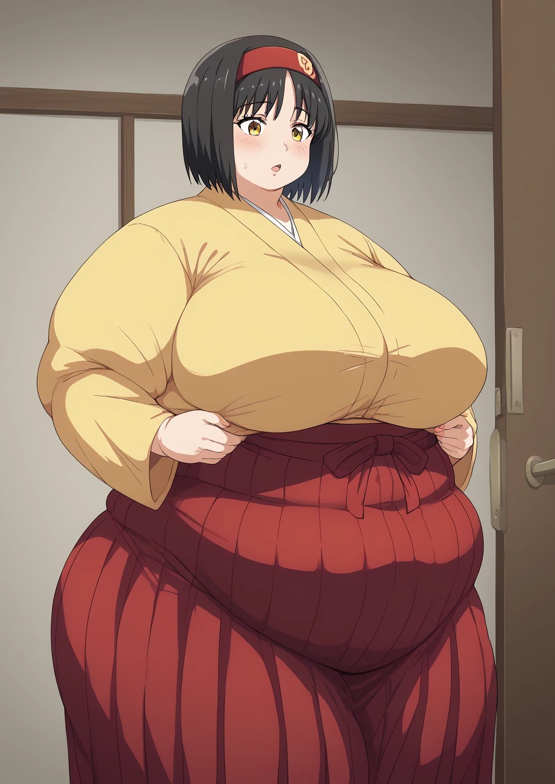 Erika, Erica,    yellow eyes  ,  Black Hair,  red headband,   Shorthair,  yellow kimono, Boobs are not exposed,   Long Sleeve  ,  red hakama, score_9,   score_8_ up,   score_7_ up,   score_6_ up,   score_5_ up,   score_4_ up,     masterpiece   ,   top quality,     very aesthetic  ,    absurd,    Source_Anime, Anime screencap,    one woman , Alone,   personal   ,  Super huge breasts, (((S uper huge クレビス, Super huge , Super huge boob))), Curvy,   in her 20s,  Mature Woman,   obese , ,  troubled expression, ssbbw,  embarrassing expression , Japanese-style room, Hunger, sighing ,I'm eating three-color dango