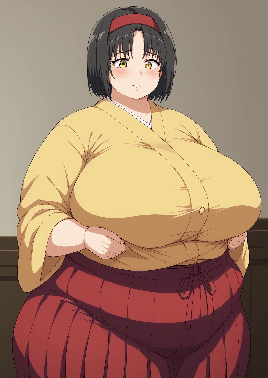 Erika, Erica,    yellow eyes  ,  Black Hair,  red headband,   Shorthair,  yellow kimono, Boobs are not exposed,   Long Sleeve  ,  red hakama, score_9,   score_8_ up,   score_7_ up,   score_6_ up,   score_5_ up,   score_4_ up,     masterpiece   ,   top quality,     very aesthetic  ,    absurd,    Source_Anime, Anime screencap,    one woman , Alone,   personal   ,  Super huge breasts, (((S uper huge クレビス, Super huge , Super huge boob))), Curvy,   in her 20s,  Mature Woman,   obese , ,  troubled expression, ssbbw,  embarrassing expression , Japanese-style room, Hunger, sighing ,I'm eating three-color dango