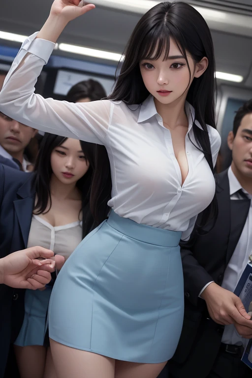 (( white shirt))、 (( light blue skirt  ))、 ((office lady uniform ))、 J-cup large breasts、Beautifully shaped breasts、slender、 Outstanding Style 、Tight tops、Open chest、Emphasizes the fullness of the chest、Cleavage、Beautifully shaped breasts 、Open chest、Breast enlargement、((masterpiece))、((highest quality))、photograph、reality、High level image quality、Advanced depth of field、realistic lighting、secretary、25years old、(( Surrounded by many men on a crowded train ))、((My skirt is rolled up by a man and my panties are touched))、 ((((Man's palm is touching his butt 、 Man's palm is touching his chest ))))、 (((( Being molested on a train ))))、 Reluctant、 Embarrassing 、((angle from below))、((back style))、(( Being hugged from behind by a man and his chest is rubbed))