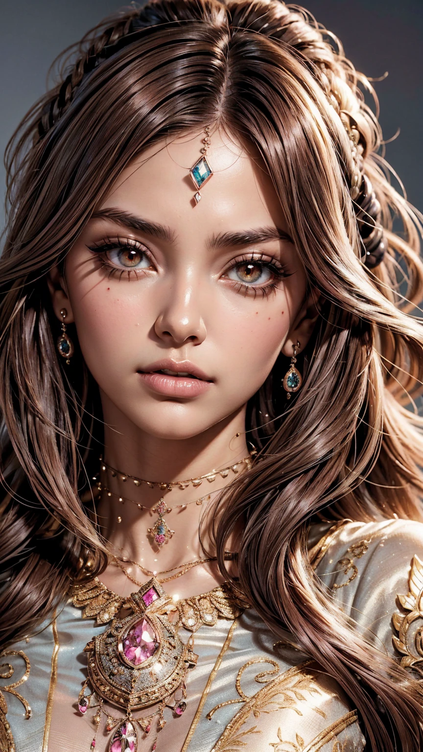 Close-up portrait of a young woman (ethnicity:1.2), (age:1.1), with a stylized appearance (detailed clothing:1.2), (accessories:1.1).  (facial features:1.3), (expression:1.2), (body type:1.1), (pose:1.2).  She is wearing numerous small tattoos and piercings (accessories:1.2), including a visible nose ring and lip ring (accessories:1.1), and a medical-looking bandage/sticker on her nose (detailed clothing:1.2), intricate details in her makeup.  Her gaze is directed slightly off-center, engaging the viewer with subtle expression.  The woman is centrally positioned in the frame, orientated slightly towards the right.  (detailed skin texture:1.2).  The lighting is soft, with pastel and muted tones, creating a dreamy, almost dreamlike atmosphere (composition and perspective:1.2).  The color palette is cool and muted, with shades of pink, gray, and brown dominating.  The style is anime-influenced, digital artwork with a slightly painterly quality (style:1.1),  (detailed hair: 1.2).  The image has high detail, and strong focus (sharp focus).