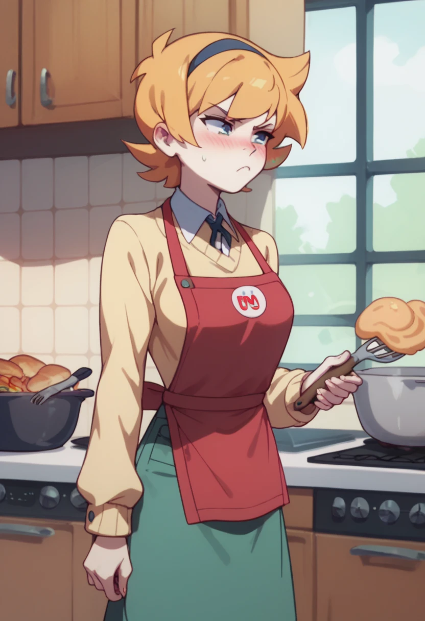 Lotte Jason,  with green skirt  ,yellow sweater ,a red apron , cooking, blushing ,annoyed