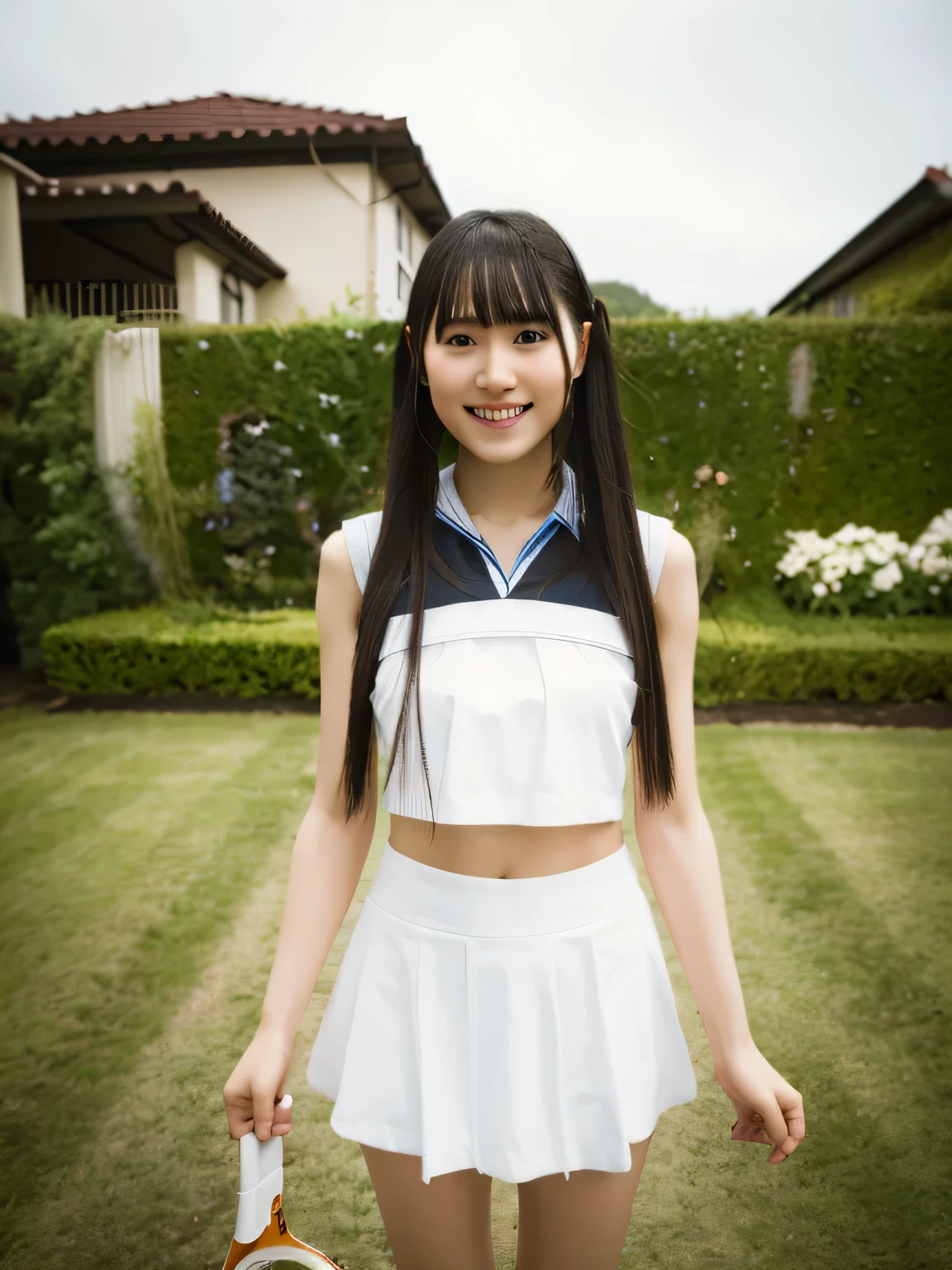 She is wearing a blue tennis outfit, with her white undergarments visible. She holds a single tennis racket with both hands in a poised and focused manner. The lush green grass tennis court stretches out in the background. This scene radiates elegance, power, and athletic skill. 20 years old, 8k, RAW Portrait ( Japanese Girl), photorealistic, ultra high resolution, top quality , realistic pictures of the garden , long hair, Light Smile, Cinematic Lighting,(Photo Backdrop :1.2), ( flat chest: 0.5). 