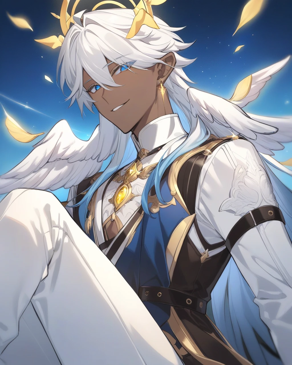 a handsome man with dark brown skin and short neck length straight slightly wavy fluffy white hair with blue tips with parted down to the middle bangs and sharp celestial blue eyes wears a long sleeved white shirt and a navy blue vest with gold markings and white pants with a black belt has a gentle smile and white wings, ear wings, head wings, golden glowing crown like halo in a manhwa