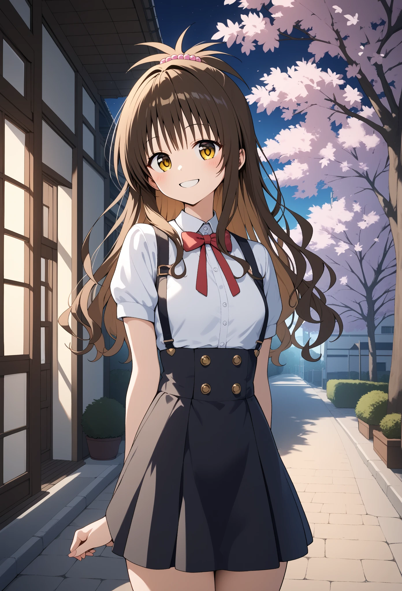 score_9, score_8_ up, score_7_ up, score_6_ up, score_5_ up, score_4_ up,  Source_Anime, in the morning, Alone,  long hair, Brown Hair,  Top Knot,  Hair Bobble ,  yellow eyes,  small breasts,  suspender skirt,  high waist skirt , smile,   open mouse,  standing,  cowboy shot,  in,  bend your back,  outdoors on the street at night, cherry blossoms,  turn your arms around your back,