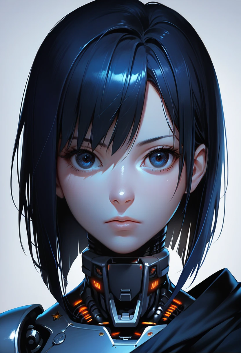 One woman, mature, anime, female anime character, dark eyes, expressionless, black short spiky hair, sharp face,artificial skin, black slim mechanical body frame, small chest, black cloak, elster, cyborg , mechanical jaw, mechanical neck, robotic, detailed anime character art, dark, facing center, close-up portrait, sharp focus, zPDXL3.