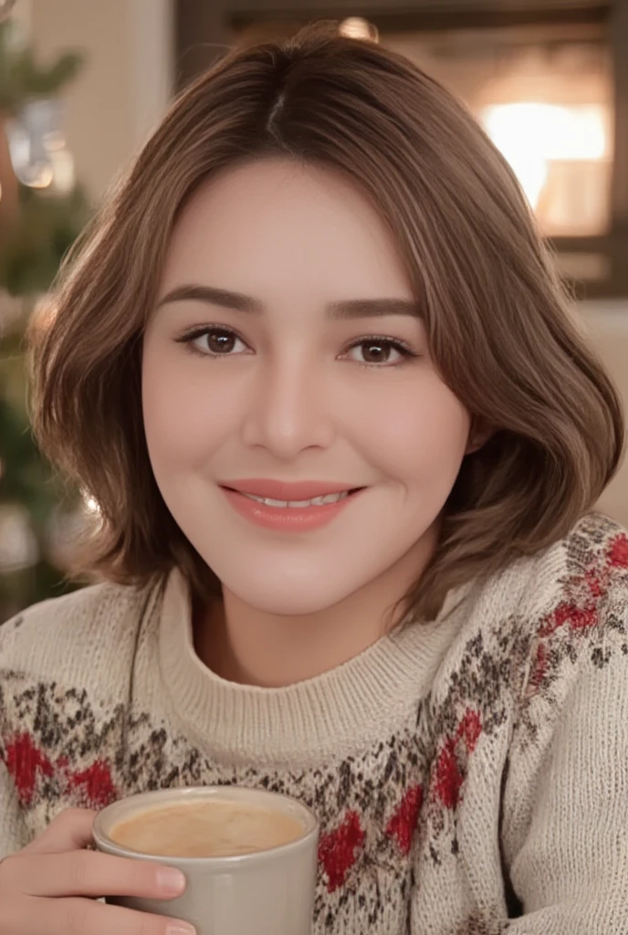 A beautiful woman with beautiful eyes:1.2, detailed eyes, beautiful full lips, highly detailed eyes and faces, long eyelashes, cute expression, smile, sitting:1.4, holding a cup of hot latte, homely background, Christmas sweater, fireplace, warm light, detailed lighting and shadows, anime style, 8k, Hi-Res, masterpiece:1.4, bright colors,