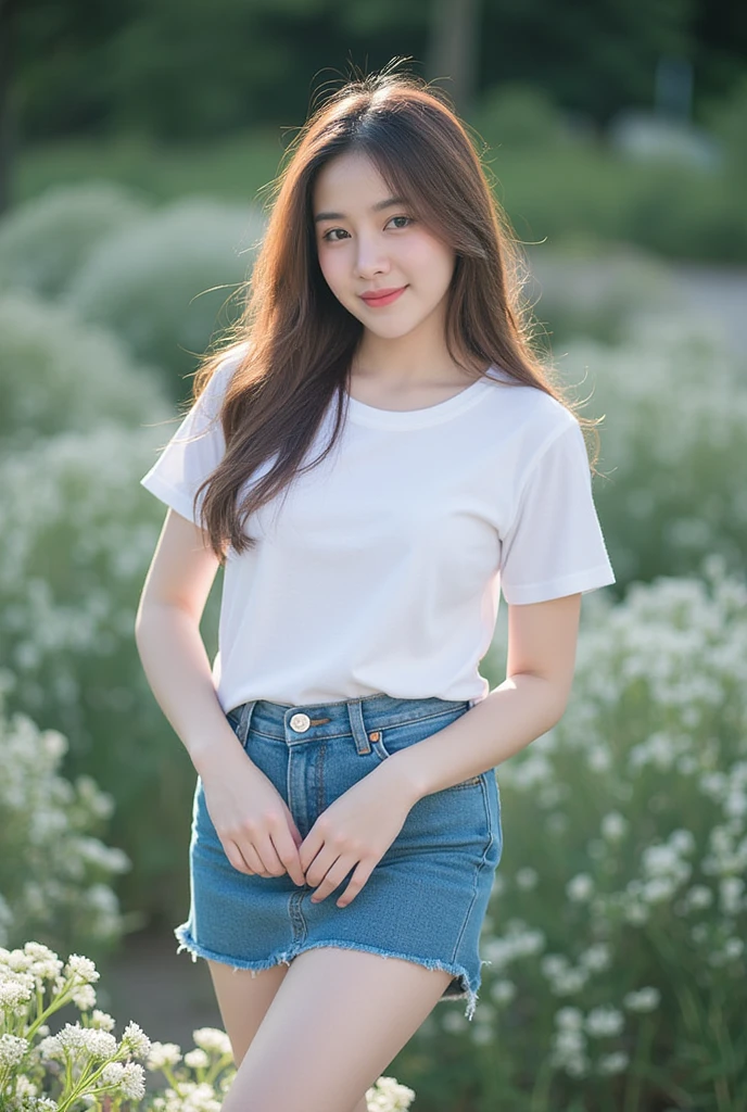  Korean girl with long hair, brown, natural, loose, slender,  medium breasts,  Smirk,  Wearing a round neck T-shirt with white short sleeves,  Short blue pencil denim skirt , Random pose, standing ,  Moonlight , Daylight  ,White Flower Place 