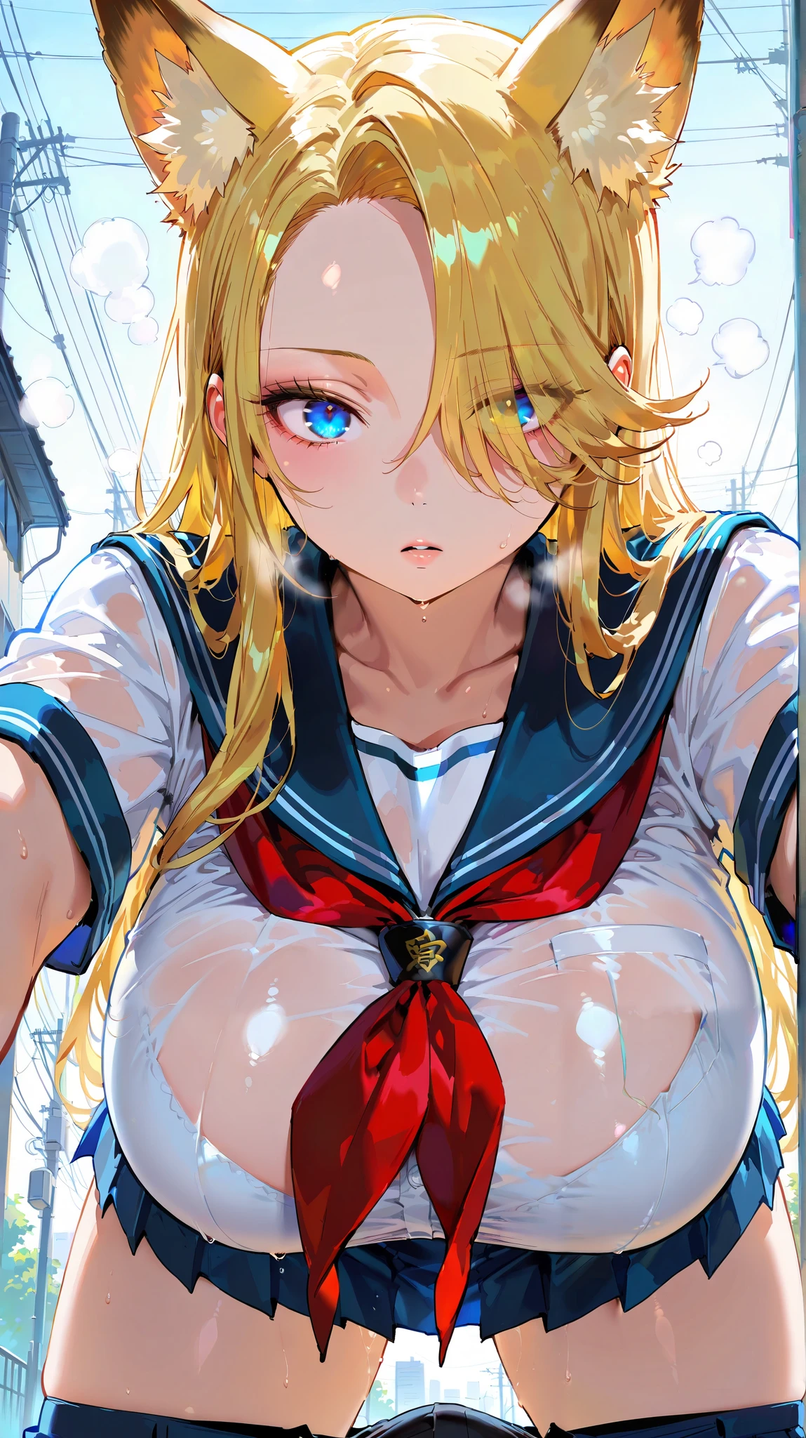 score_9, score_8_up, score_7_up,(hi-quality,high resolution),Cold Stare,(Fox Ears),(forehead,long hair over one eye),((side parted hair)),((huge breasts)),Sagging eyes,Clear Eyes,Perfect Eyes,Blonde,Long Hair,Delinquent Girl,gal,((huge breasts)),(school uniform),(cowboy shot),(all fours),(Crotch in pov),from below