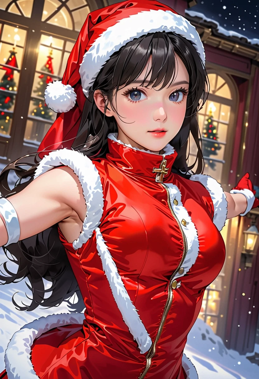 xmasTifa, red eyes, low-tied long hair, santa hat, red capelet, fur trim, white turtleneck sweater, corset, fur-trimmed gloves, red skirt, fur-trimmed boots, masterpiece, best quality, ultra high resolution