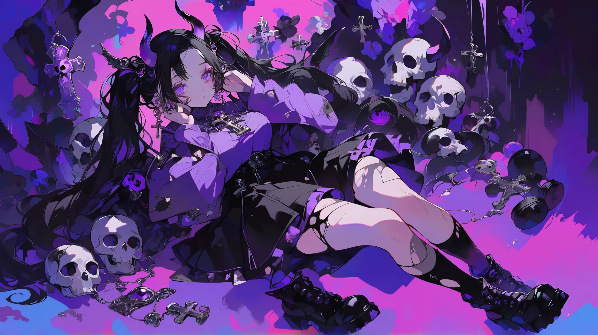 big butt、 Big Breasts 、 One girl , Alone, long hair, viewers, bangs, skirt, shirt, black hair, hair accessories, Thighs, Long Sleeve , twin tails, gem, is lying down, closed mouse, purple eyes, full body , Purple Hair, multi-colored hair , earrings for women with first name, boots, Wings, horn, shoes, socks, black Thighs, black skirt, pink eye, necklace, 黒いshoes, The sleeve goes past the wrist , parted bangs, torn clothes , Lock, cross, black socks, put your hands on your face, Knee, skull bones, purple shirt, torn Thighs, Purple Theme, latin cross,Details xl