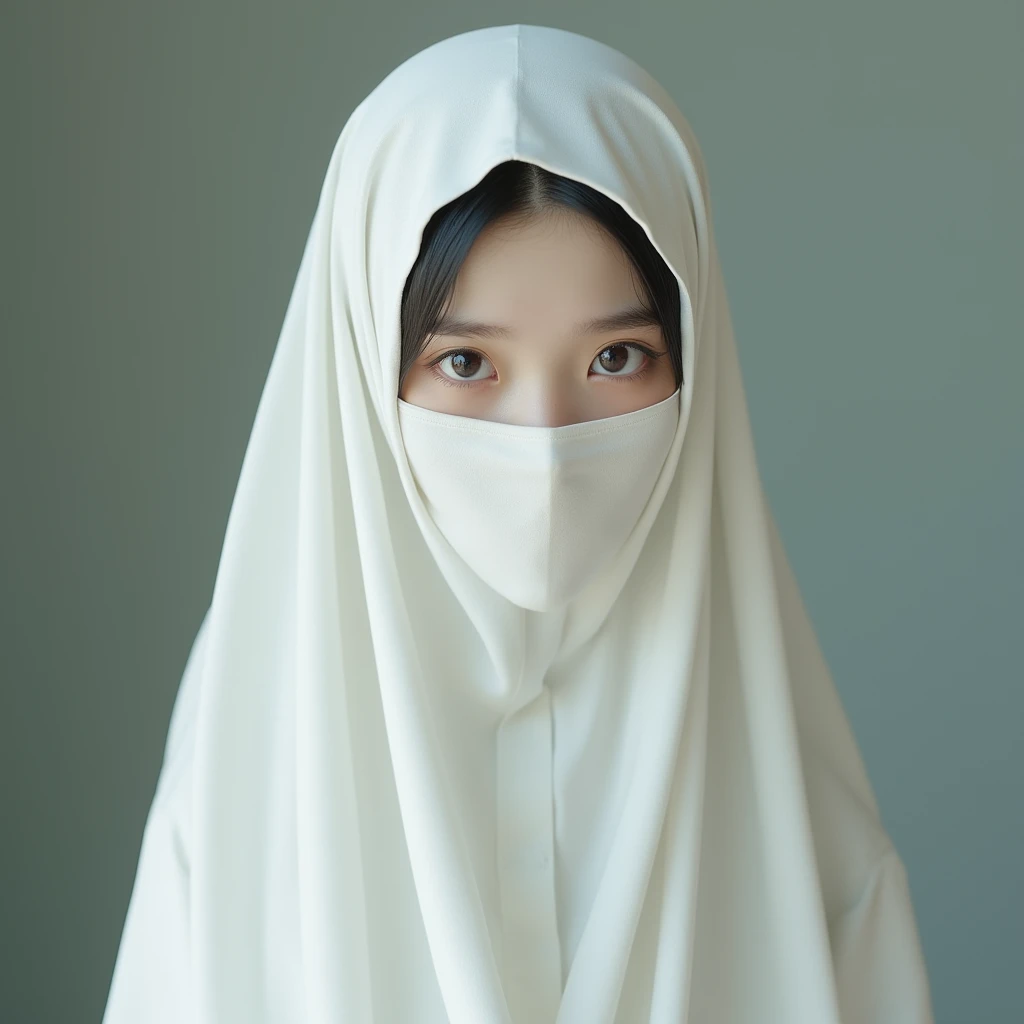 Japanese girl wearing a white niqab, face covered by the niqab, highly detailed, realism