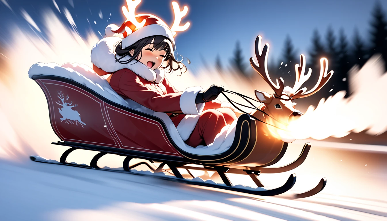 A reindeer's sled 、 is skidding on a high-speed drift、Giving up snow smoke (( motion blur with glowing horns:2.5 ,  Blurred Background , Afterimage phenomenon ))