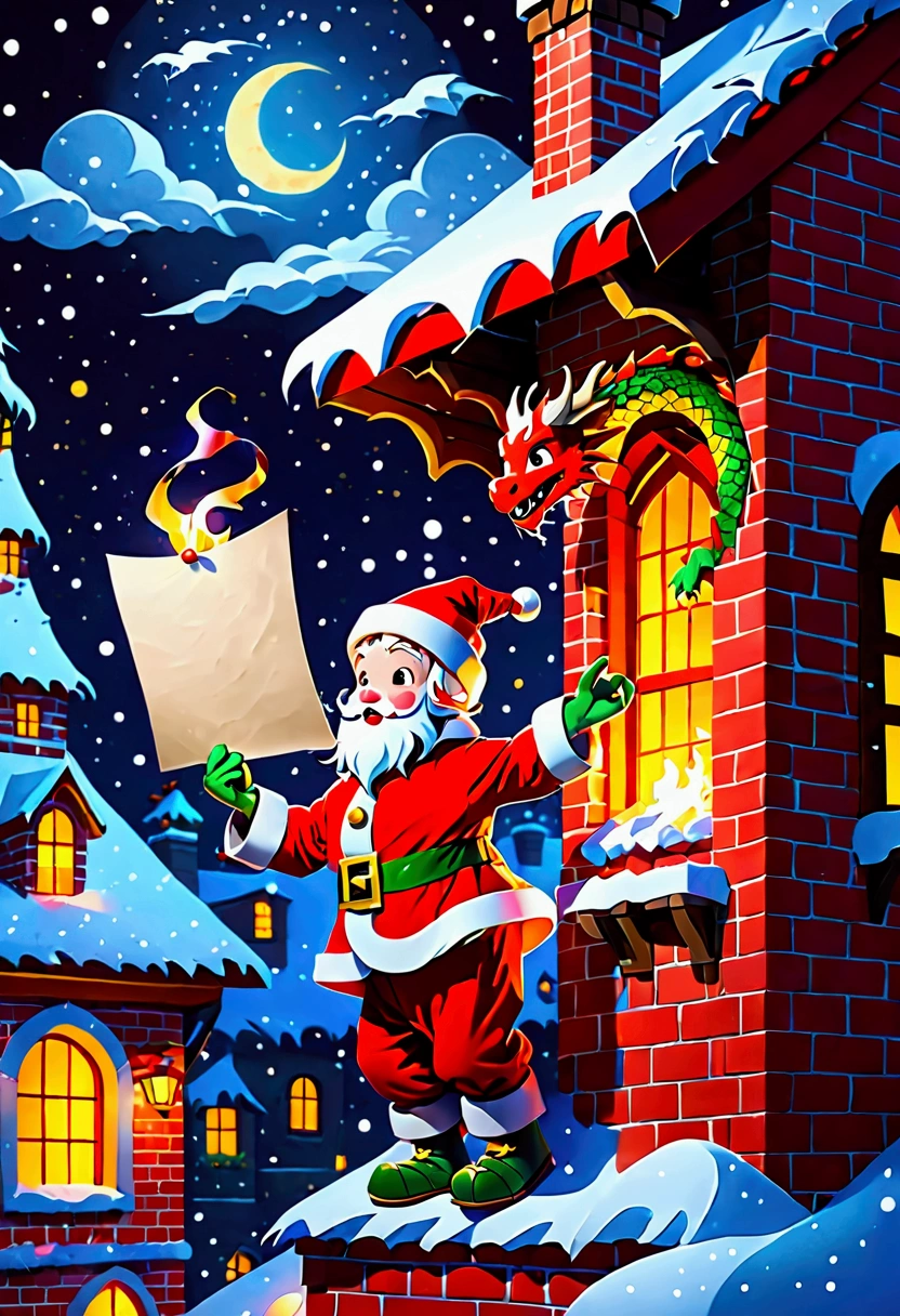  little character holding paper、dragon incarnation、Colorful colors、 wearing a Santa Claus costume、 is trying to break in through a chimney on a red roof covered with snow　 Merry Christmas ！Warm lighting