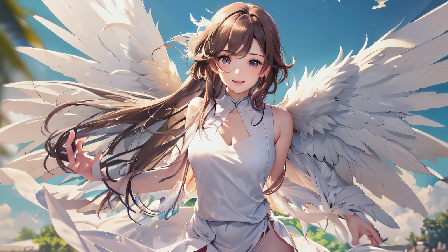 smile、((Cleavage fully exposed))、(((nsfw:1.25))),,(((a very young child:1.44))),(very short hair),(fullbody,(A who is a :1.3),(SF),full body,(1 girl, solo, kawaii, anime:1.25),(lolittle, tiny, masterpiece, angel, angel wings, simple halo:1.23), (aqua hair, long hair, blue eyes, twinkle eyes:1.18), (shiny skin, shiny hair, small breast, blue sky:1.18763), (magical girl costume, bare shoulders, white leotard, micro skirt, frills, flying:1.15763), (blush, smile, multicolored clothes, pastel color:1.1225),(dynamic angle, cinematic lighting, depth of field:1.08), fantasy, happy, solo focus, simple background, (see-through:0.85), BREAK