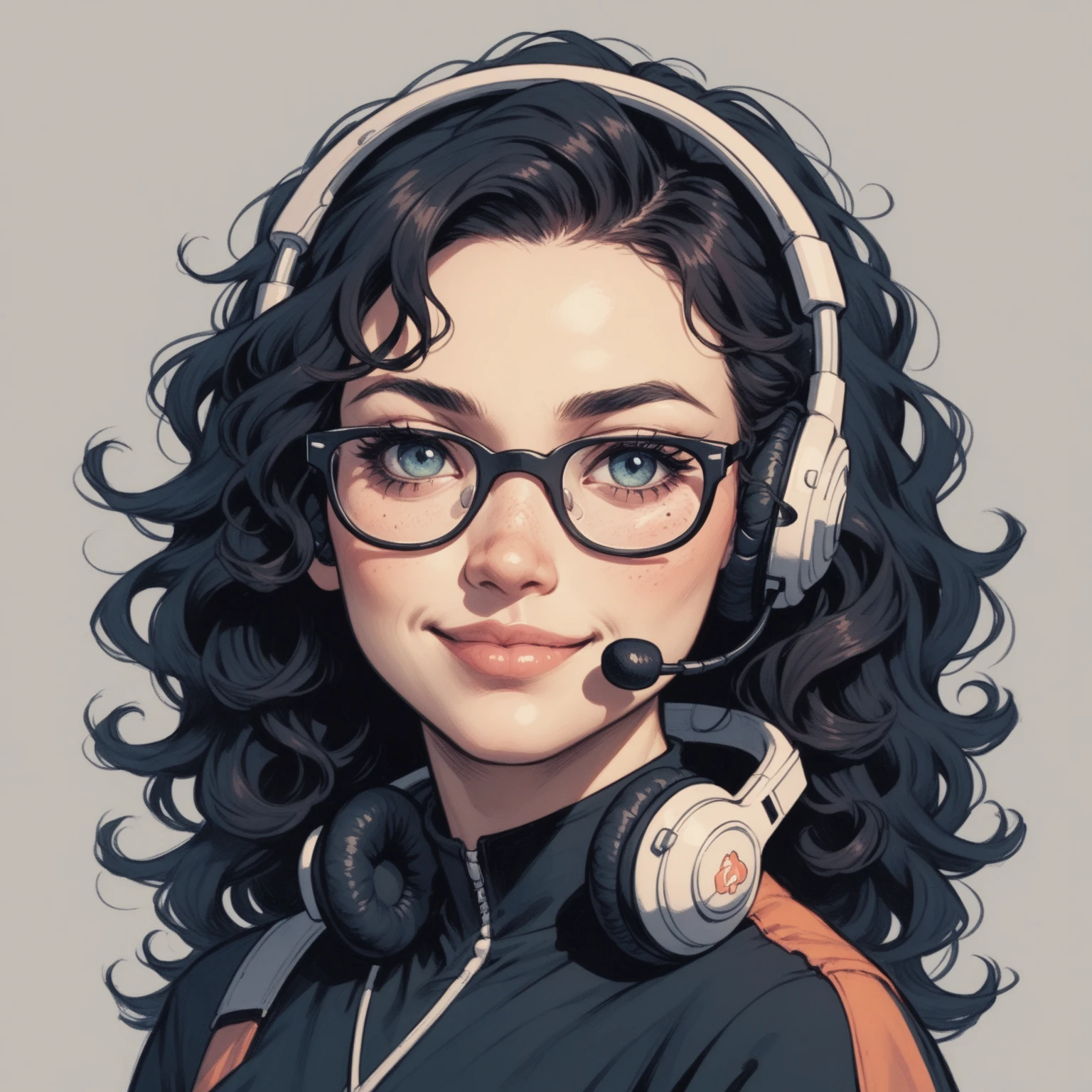 Japanese woman's face, black curly hair, medium long hair, glasses, smile, gaming headset, icon