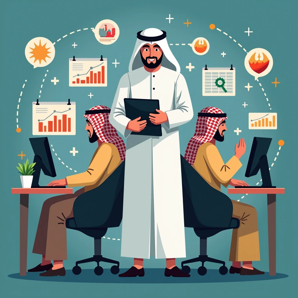 need cartoon-style Emirati man illustrations in the following positions:

Sitting at a table working on a computer.

