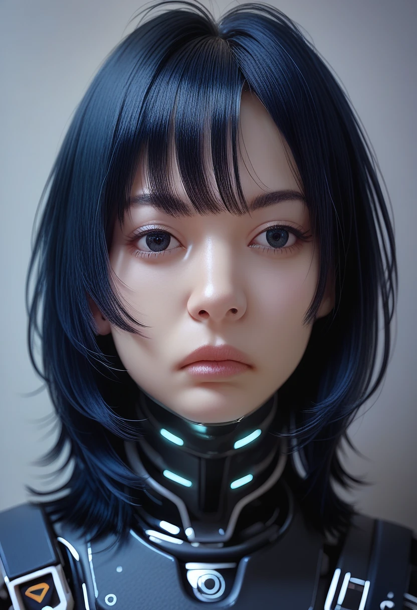 One woman, mature, anime, female anime character, dark eyes, expressionless, black hair, wolf cut hair, sharp face,artificial skin, black slim mechanical body frame, small chest, black cloak, elster, cyborg , mechanical jaw, mechanical neck, robotic, detailed anime character art, dark, facing center, close-up portrait, sharp focus, zPDXL3.