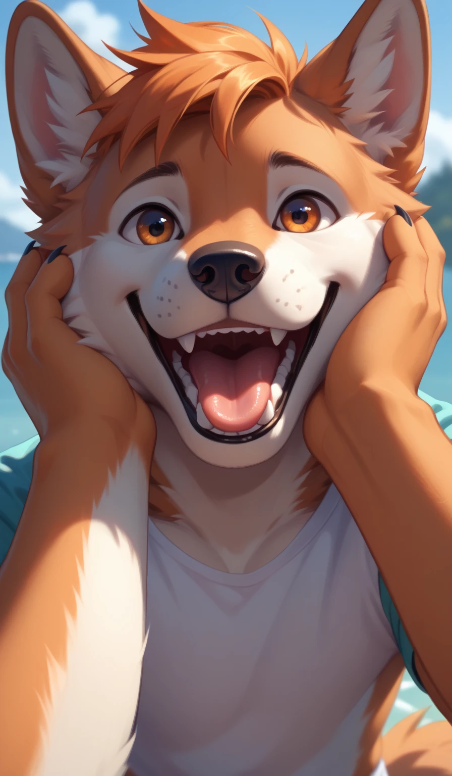 solo, anthro, furry, wolf, multi-colors body, orange black and white body colors, front view, male, (((pov hand petting character's cheek))), ((happy)), teenager,(( laugh)), sitting, cute
