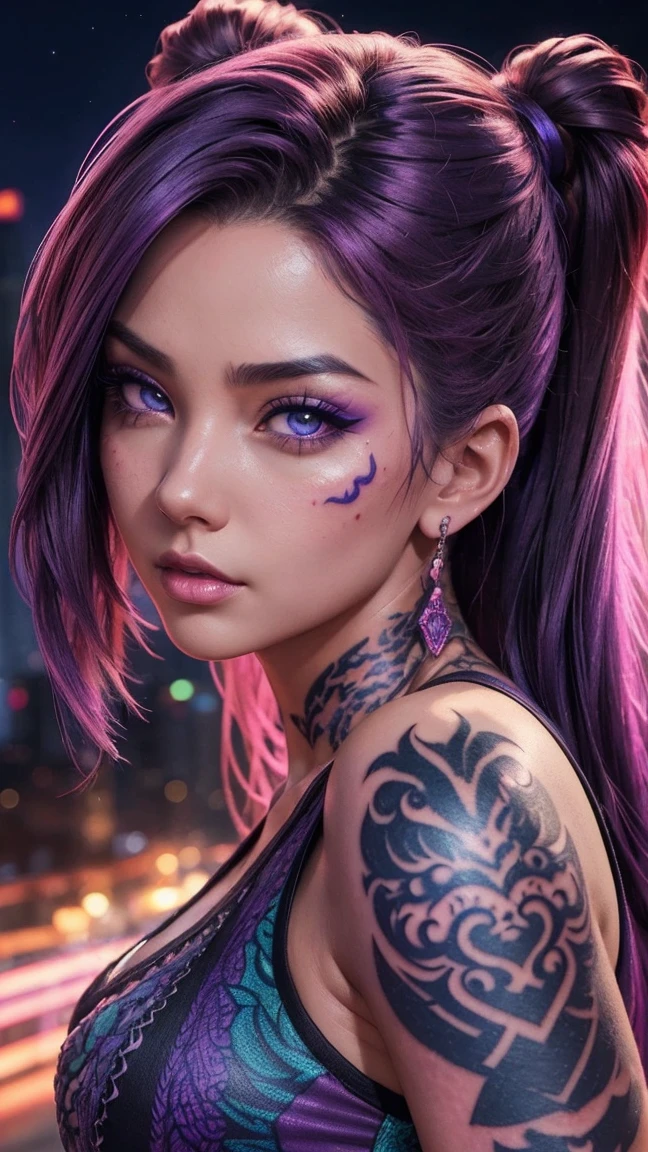 Young woman (ethnicity:1.2), (age:1.1), with vibrant purple hair (detailed hair:1.2),  glamorous pose, (body type:1.1), (pose:1.2),  facing viewer, in a three-quarter view, upper body shot,  (expression:1.2), (detailed clothing:1.2),(accessories:1.1),  large intricate tattoo on her arm featuring a dragon-like creature (detailed tattoo design:1.3), (detailed skin texture:1.2), light-colored tank top,  glowing neon purple and pink light effects, (facial features:1.3),  focused on her expression, (accessories:1.1),  detailed make-up,  dark background, shot from slightly below,  city lights in the background, photorealistic anime style, colorful, vibrant colors, (detailed lighting effects:1.1),  eye detail, artistic digital art,  sharp focus, glowing, neon,  detailed lighting,  8k resolution