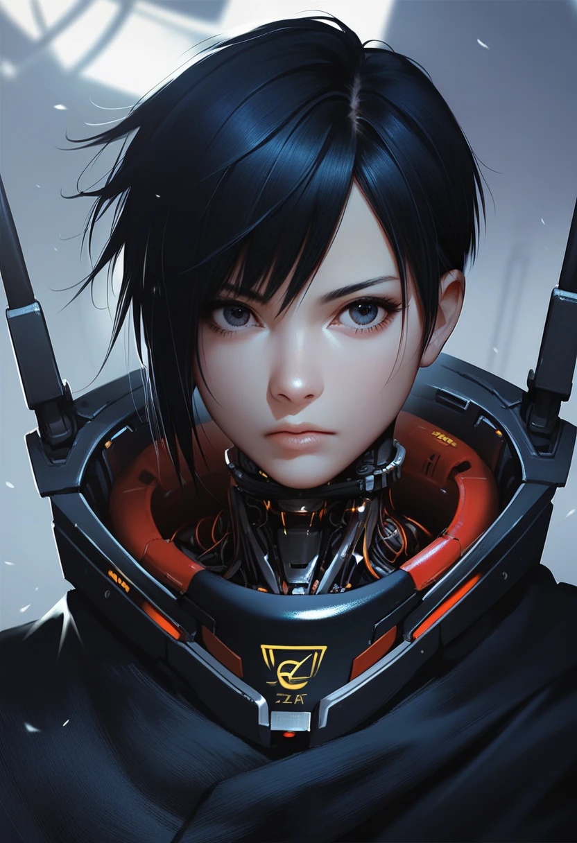 One woman, mature, anime, female anime character, dark eyes, expressionless, black hair, wolf cut hair, sharp face,artificial skin, black slim mechanical body frame, small chest, black cloak, elster, cyborg , mechanical jaw, mechanical neck, robotic, detailed anime character art, dark, facing center, close-up portrait, sharp focus, zPDXL3.