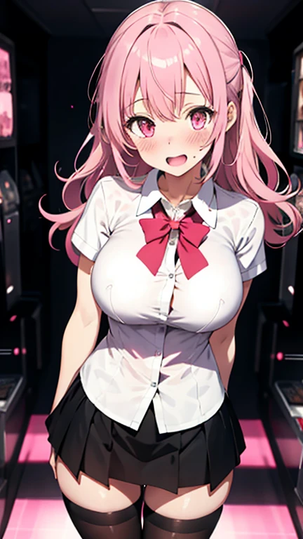 ,large breasts , ConcertHole, 1girl, nipple luka megurine, blue eyes, headphones, long hair, pink hair, ,formal dress, nsfw