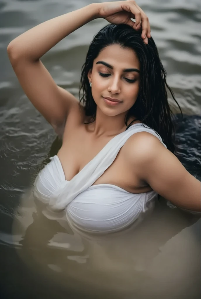 A masterpiece-quality, highly detailed, and realistic depiction of a single woman standing in a serene river, water gently rippling around her. She is running her hands through her long, wet black hair, lifting it slightly as water droplets cascade down. Her bare shoulders and collarbone are accentuated, with her upper body partially exposed above the water. She has huge breasts visible  and her skin glistens with moisture. her lips softly closed, and a small mole is visible under one eye, adding to her distinctive beauty. The natural lighting enhances her wet hair and skin, with reflections of light playing on the water surface. The tranquil environment adds to the serene and intimate atmosphere of the scene.