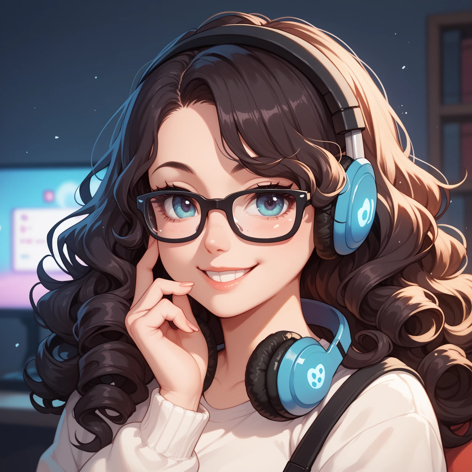 Japanese woman's face, black curly hair, medium long hair, glasses, smile, gaming headset, icon