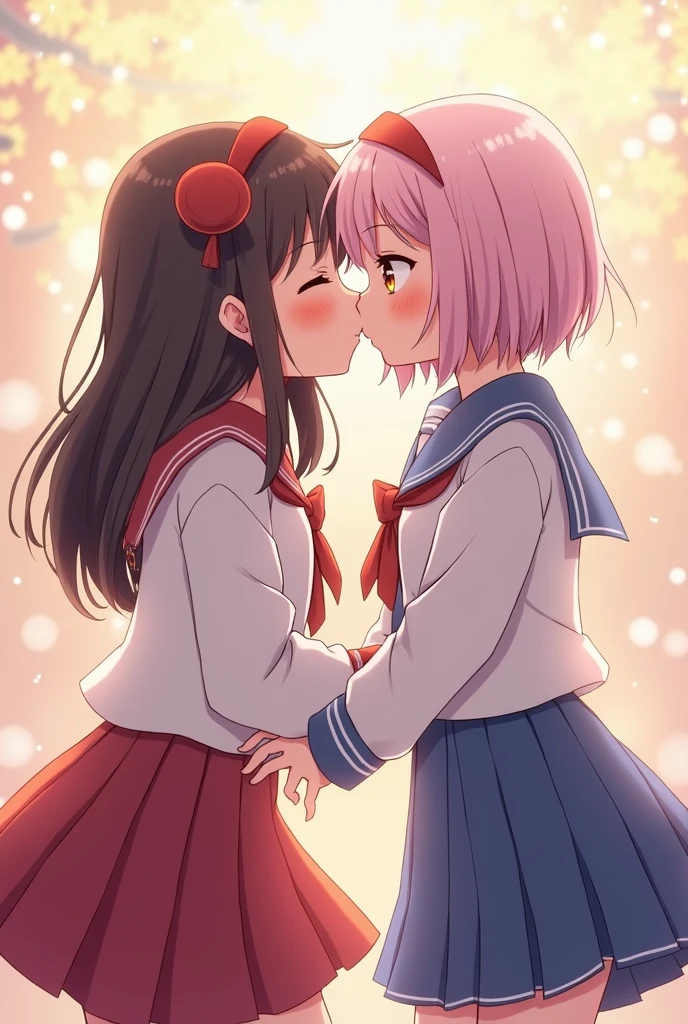 Anime characters kissing on benches in the park, kissing together cutely, kissing together, Kissing each other, two beautiful anime girls, lovely kiss, style of anime4 K, high detailed official artwork, Smooth anime CG art, Anime girls, portrait of two girls kissing, Official artwork, Kissing, Anime wallpaper 4K, Anime wallpaper 4 k, Anime style. 8K