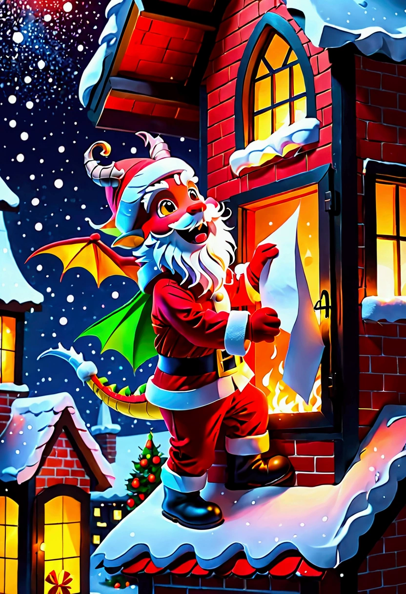  little character holding paper、dragon incarnation、Colorful colors、 wearing a Santa Claus costume、 is trying to break in through a chimney on a red roof covered with snow　 Merry Christmas ！Warm lighting