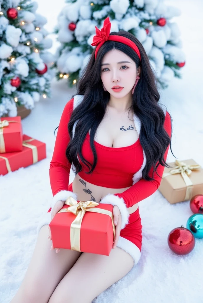 Young woman with long, black hair styled in soft waves, wearing a modern Santa-inspired outfit, sitting on a snowy ground while holding a large, wrapped gift box with both hands extended toward the camera.
She wears a festive red Santa crop top with long sleeves and fluffy white fur trim around the neckline, cuffs, and hemline, along with a short red skirt trimmed with matching fluffy white fur. Her hair is styled naturally without any small bows, and instead, a single large red gift ribbon bow with a shimmering, glittery finish sits on her head as a festive accessory. She holds a neatly wrapped red gift box with a golden ribbon and bow, presenting it toward the camera with both hands, as if offering it. Her head is tilted slightly with a soft, subtle smile (closed lips) while her eyes gaze warmly up at the camera.
A wide, top-down perspective reveals the snowy ground made of fluffy, cotton-like material, extending across the scene. The base of two tall, snow-covered Christmas trees decorated with twinkling fairy lights, red and gold baubles, and ribbons are visible in the background. Underneath the trees, several wrapped gift boxes in red, gold, and green with decorative bows are neatly arranged, adding to the festive atmosphere.
Soft, diffused lighting creates a cozy and warm atmosphere, illuminating the subject’s outfit, the fluffy snow, and the reflective surfaces of the Christmas ornaments and gift box.
Photorealistic, highly detailed Christmas holiday portrait.
Festive, warm, and inviting, evoking the joy of gift-giving during Christmas.
High-angle shot (top-down perspective), capturing the subject sitting on the snowy ground while extending the gift box toward the camera.
Ultra-high resolution with sharp details, ensuring clarity in textures, colors, and light refraction. 
The large red gift bow on her head sparkles subtly, complementing her outfit and gift box she hold. The fluffy fur trim on her Santa outfit looks soft and realistic, 