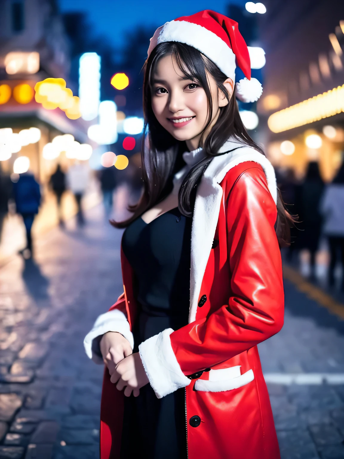 She is dressed in a classic Santa Claus outfit, with a red and white coat, a matching skirt, and black boots, perfectly tailored to her small frame. On her back, she carries a large, white sack filled with presents, the soft fabric of the bag hinting at its generous contents. The The background is a street corner illuminated with Christmas decorations, with the sky transitioning from a warm orange of sunset to the cool blue of night. Snowflakes gently fall, adding to the tranquil winter atmosphere. The girl’s bright and cheerful expression contrasts beautifully with the peaceful surroundings, evoking a sense of warmth and festive joy. 20 years old, ( RAW photos , top quality ), ( realistic , photo- realistic :1.2), masterpiece, very delicate and beautiful , extremely detailed , 2k wallpaper, wonderful, detailed description , extremely detailed CG unity 8k wallpaper, Ultra Detailed, high res, Soft light, girl with beautiful details, extremely detailed eyes and face, beautiful detailed nose, beautiful detailed eyes, 3D illustration of a sexy slim fit woman with big breasts in her 20s drawn by , Perfect Anatomy, (smile:1.2).