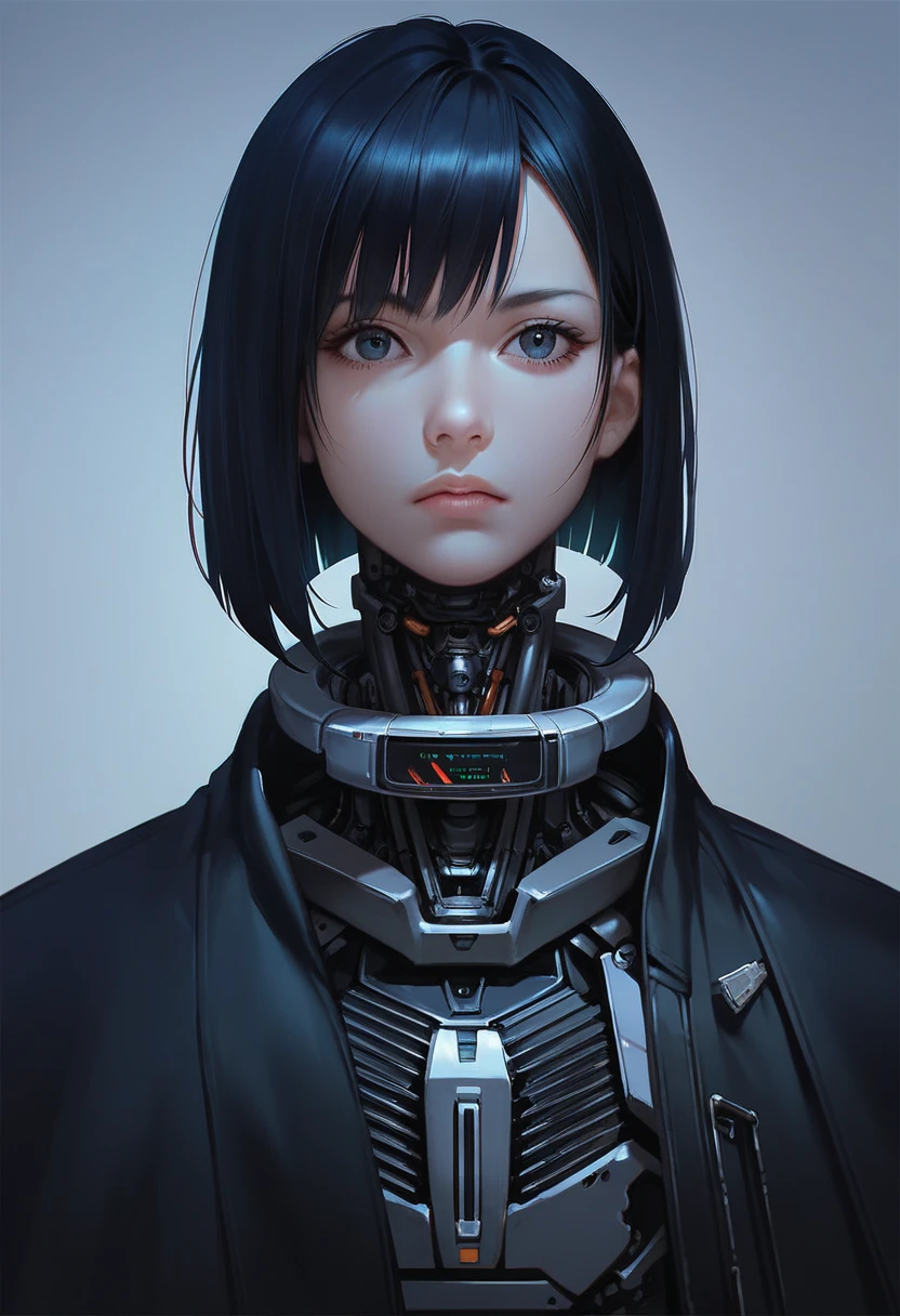 One woman, mature, anime, female anime character, dark eyes, expressionless, black hair, hime hairstyle, sharp face,artificial skin, black slim mechanical body frame, small chest, black cloak, elster, cyborg , mechanical jaw, mechanical neck, robotic, detailed anime character art, dark, facing center, close-up portrait, sharp focus, zPDXL3.