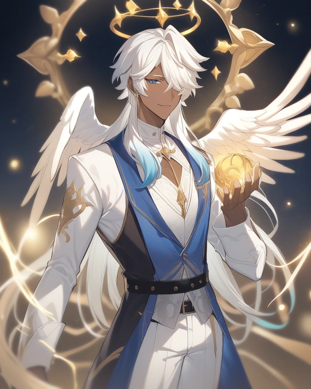 a handsome man with dark brown skin and short neck length straight slightly wavy fluffy white hair with blue tips with parted down to the middle bangs and sharp celestial blue eyes wears a long sleeved white shirt and a navy blue vest with gold markings and white pants with a black belt has a gentle smile and white wings, ear wings, head wings, golden glowing crown like halo in a manhwa