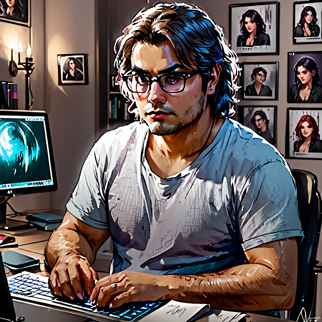 in the style of Charlie Bowater, (UHD), vampire, student (IT) in his room, sitting at his computer, unshaven, long hair, fat, sweatpants, T-shirt, shirt (open), thinking wrinkles, mid-20s, bikini posters on the walls, strained look, glasses, codes can be seen on the screen (programmer), energy can on the table,