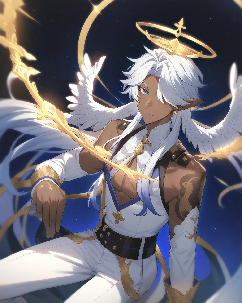 a handsome man with dark brown skin and short neck length straight slightly wavy fluffy white hair with blue tips with parted down to the middle bangs and sharp celestial blue eyes wears a long sleeved white shirt and a navy blue vest with gold markings and white pants with a black belt has a gentle smile and white wings, ear wings, head wings, golden glowing crown like halo in a manhwa