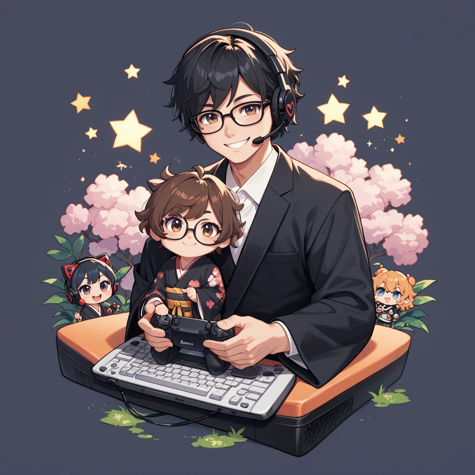 Japanese boy wearing black suit and Japanese girl wearing black Japanese-kimono, one person, black wavy hair, semi-short hair, wearing glasses, Front facing, gaming headset, full body image, icon, smiling, chibi, kawaii