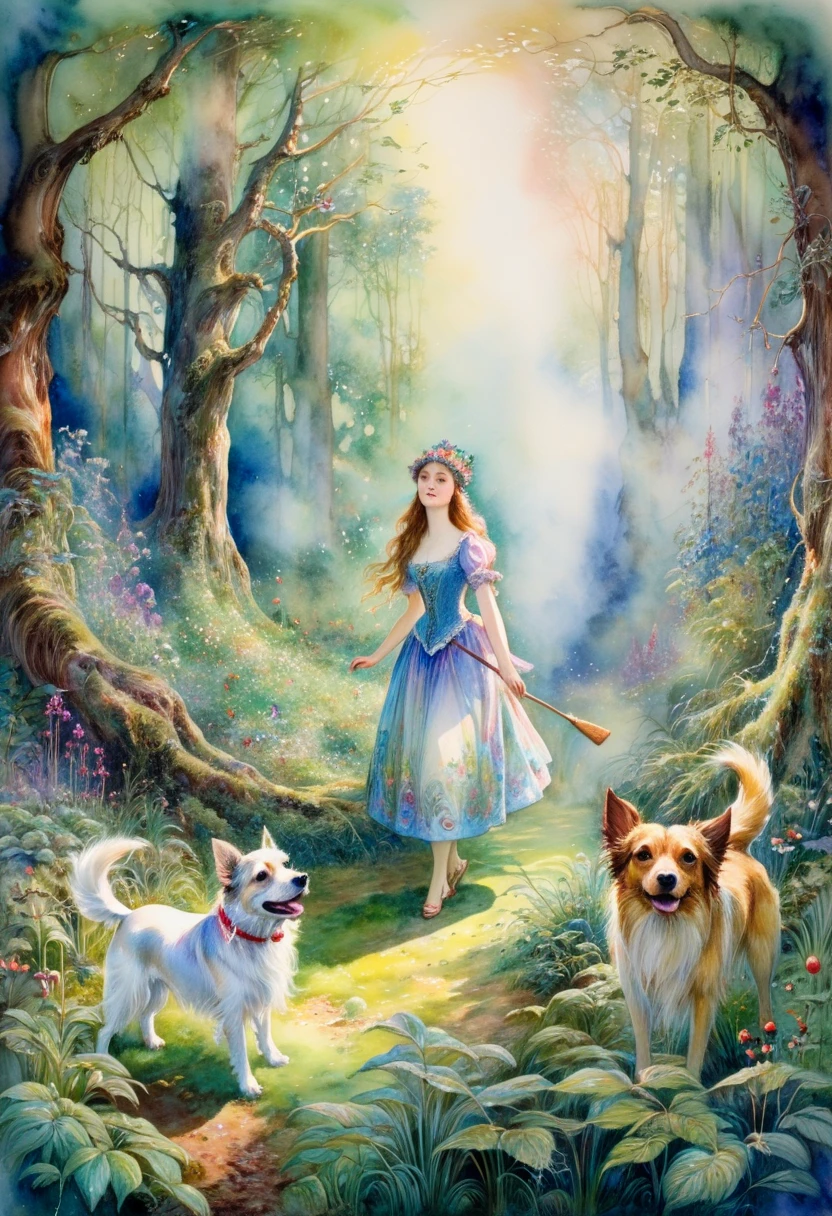  painting of a woman in the forest and two dogs , In the magical forest, In the magical forest,  forest glade , In a forest clearing,  inspired by John Anster Fitzgerald ,  fantasy watercolor ,  forest glade , Fairy tale painting,  inspired by Konstantin Somov, Fairy Forest, a maid In the magical forest,  Dreaming Psychedelic Anime , Fantasy watercolor