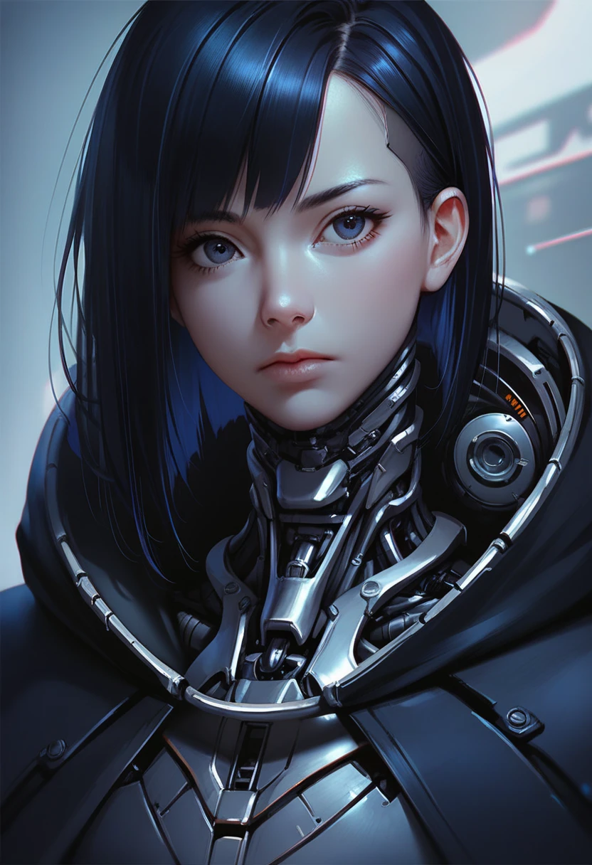 One woman, mature, anime, female anime character, dark eyes, expressionless, black hair, wolf cut hair, sharp face,artificial skin, black slim mechanical body frame, small chest, black cloak, elster, cyborg , mechanical jaw, mechanical neck, robotic, detailed anime character art, dark, facing center, close-up portrait, sharp focus, zPDXL3.