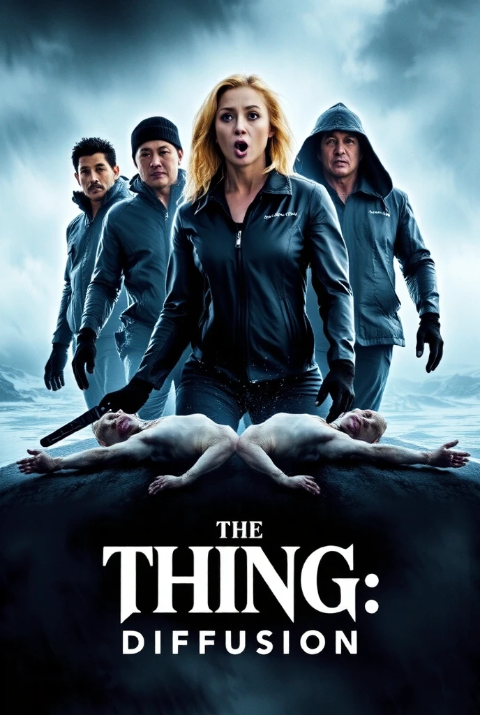 (sci-fi horror movie poster), (big title, The THING: Diffusion), ((overlapping images, top, terrified rescue team members in winter clothes, a blonde American female doctor, 2 male rescue team members ((bottom, 2 frozen bodies lying in a corner of an Antarctic base hit by a blizzard,